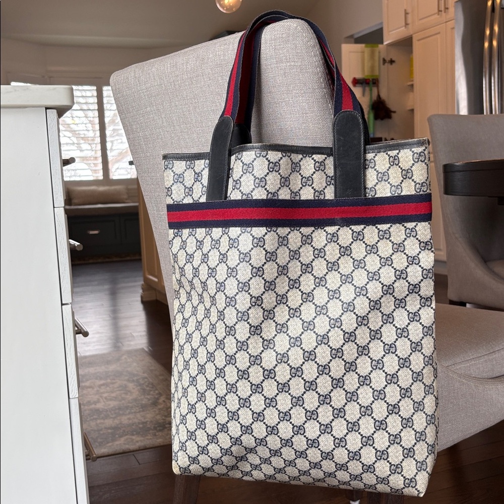 VINTAGE Gucci Web GG Navy Sherry Line Tote Bag